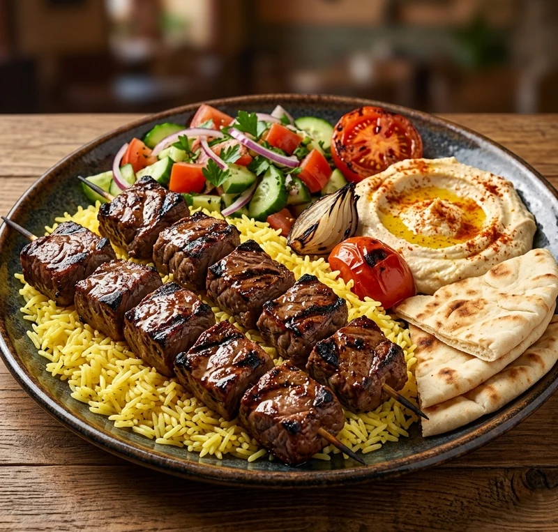 Beef Tikka Platter from the open-flame grill at Mashawi Market & Grill, Calgary