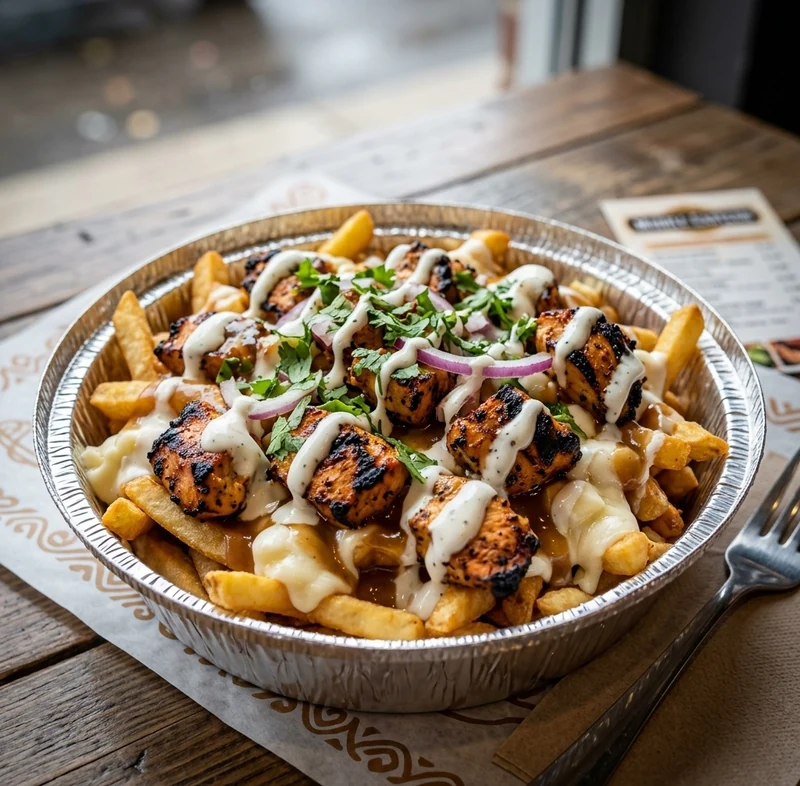 Halal chicken tikka poutine at Mashawi Market & Grill, Calgary